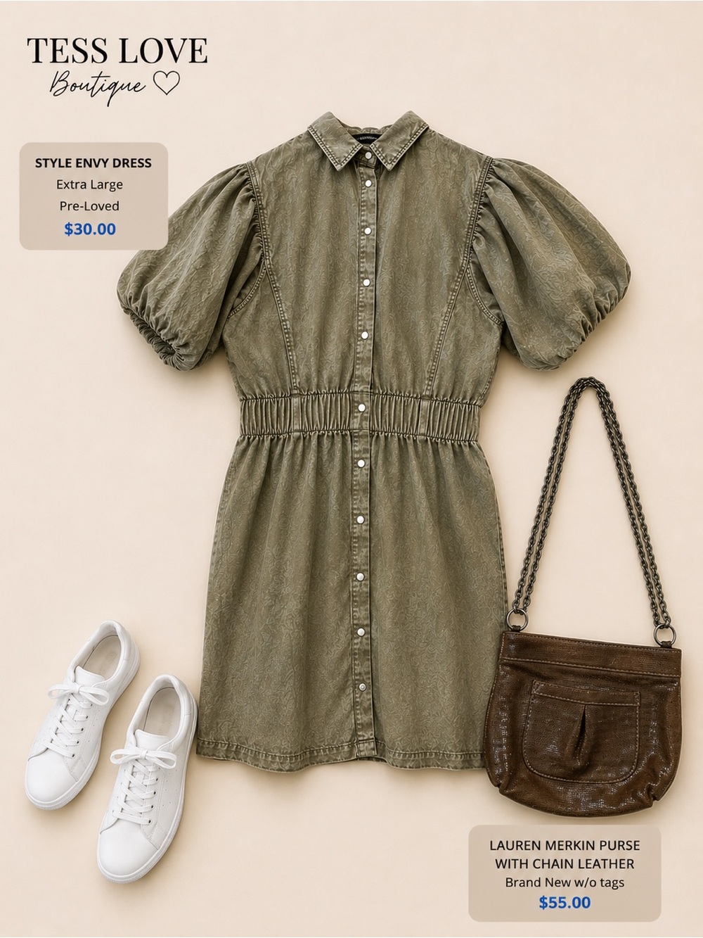 Style Envy Olive Green Puff-Sleeve Button Front Mini Dress